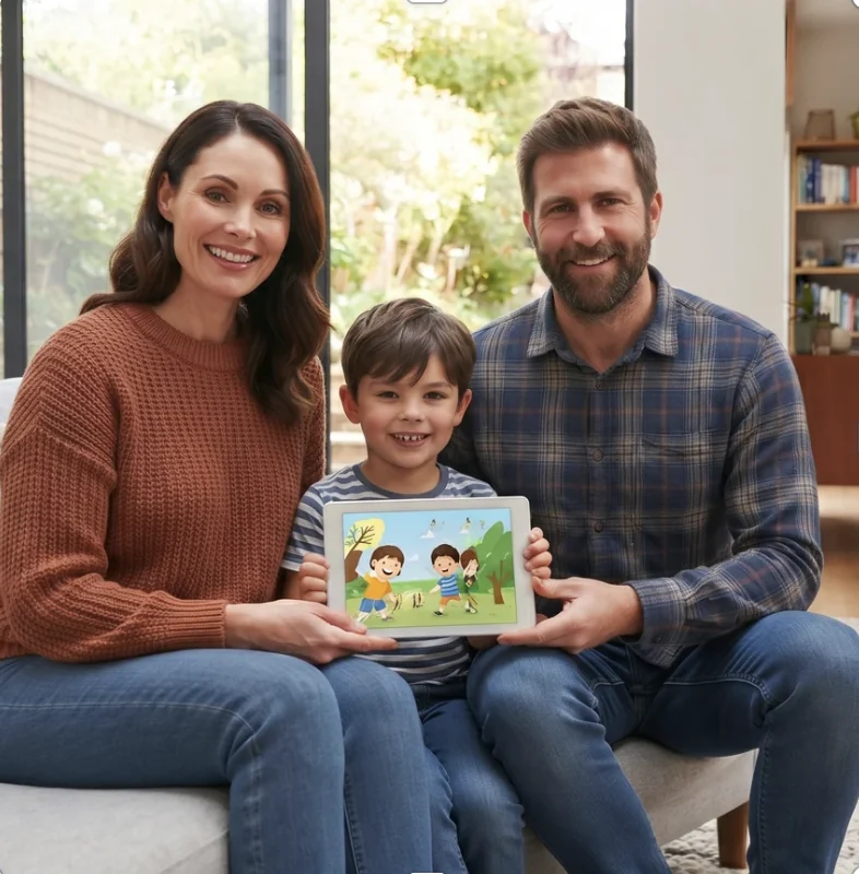 A family smiling together while the child shows their personal story on a tablet